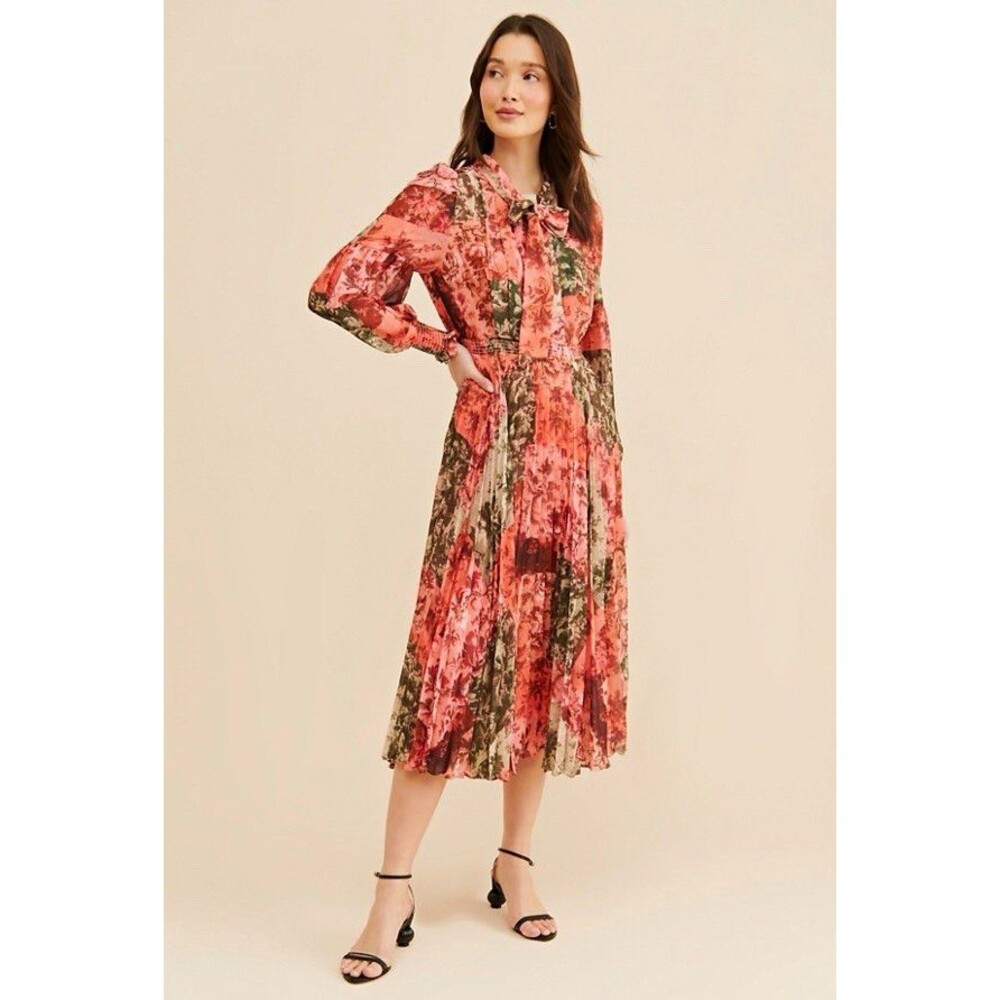 Rachel Parcell Pink Green Floral Chiffon Tie Neck Lined Long Sleeve Midi Dress 0